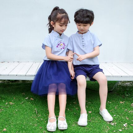 儿童夏季演出服国学服男童端午表演汉服女童中国风小学生民国短袖