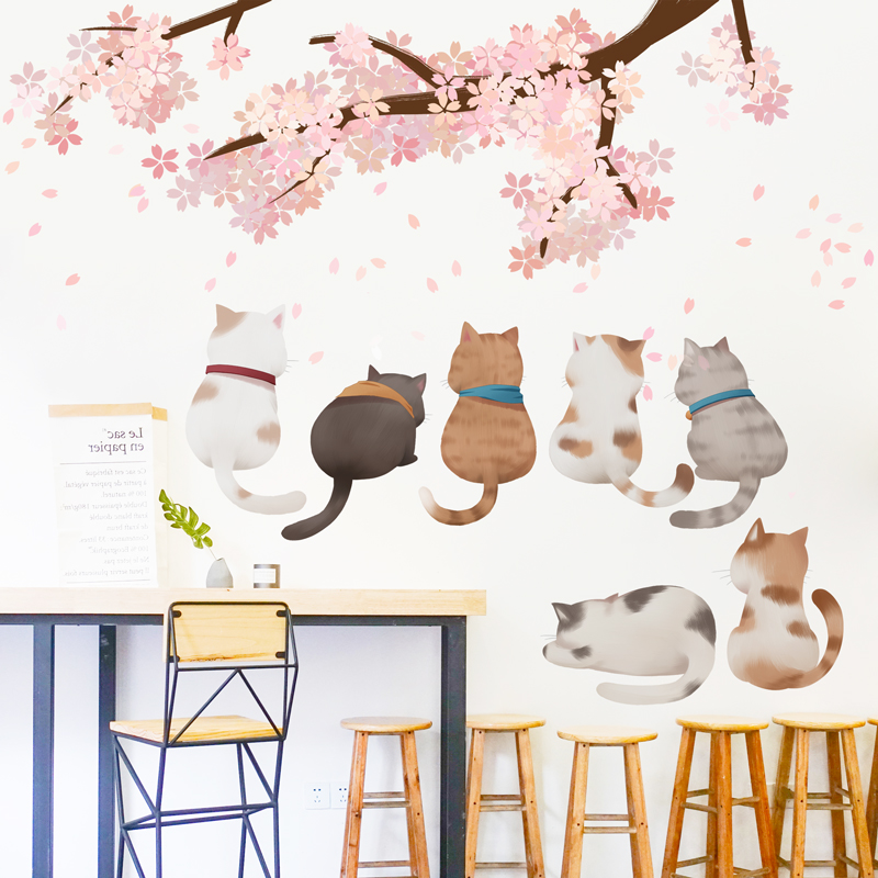 客厅背景墙纸自粘卧室温馨3d立体贴纸墙壁贴画墙面装饰樱花墙贴猫