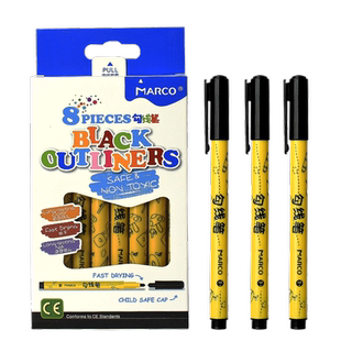 马可黑色勾线笔黄色杆双头儿童水性美术生专用绘画描边初学者幼儿园手绘涂鸦画画笔马克笔描线标记记号笔单头