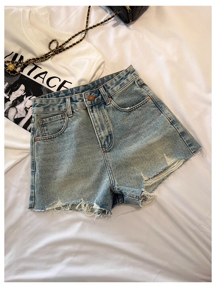 KOREAN VERSION OF RETRO DENIM SHORTS WOMENS 2024 SUMMER NEW HIGH-WAISTED THIN WIDE-LEG A-LINE VERSATILE THIN HOT PANTS TREND