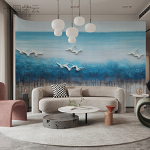 新中式3D立体浮雕海鸥大海客厅电视拍照背景墙定制壁画无纺布壁纸