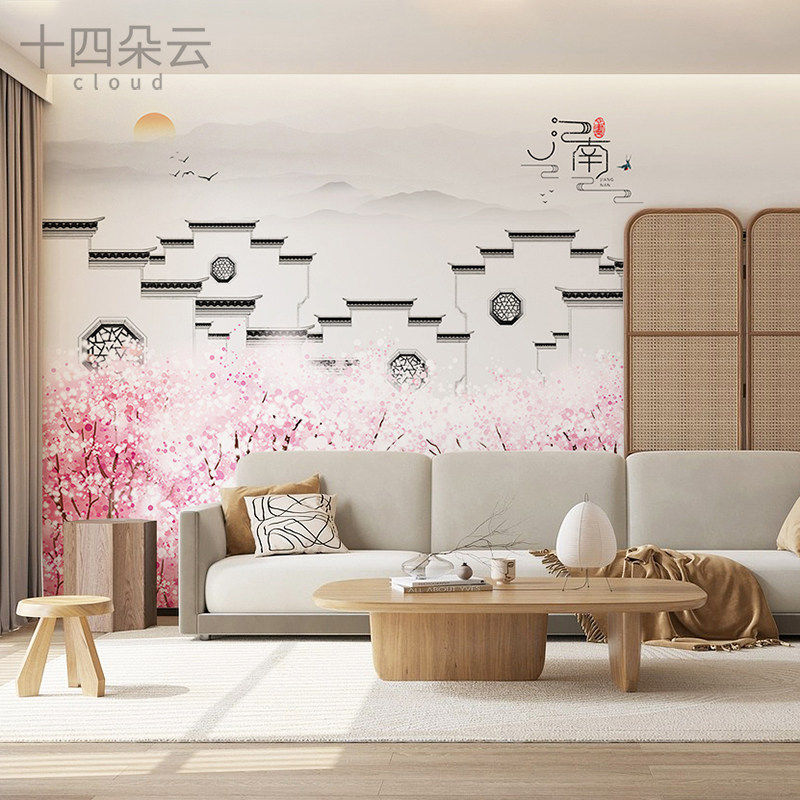 江南山水定制壁画粉红桃花卧室客厅电视背景墙新中式壁纸画墙布