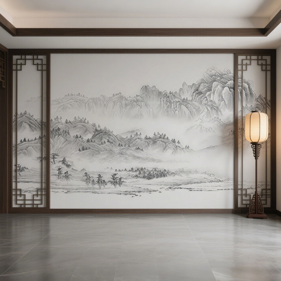 中式山水餐厅酒店定制壁画卧室书房电视背景墙布客厅沙发壁纸墙纸