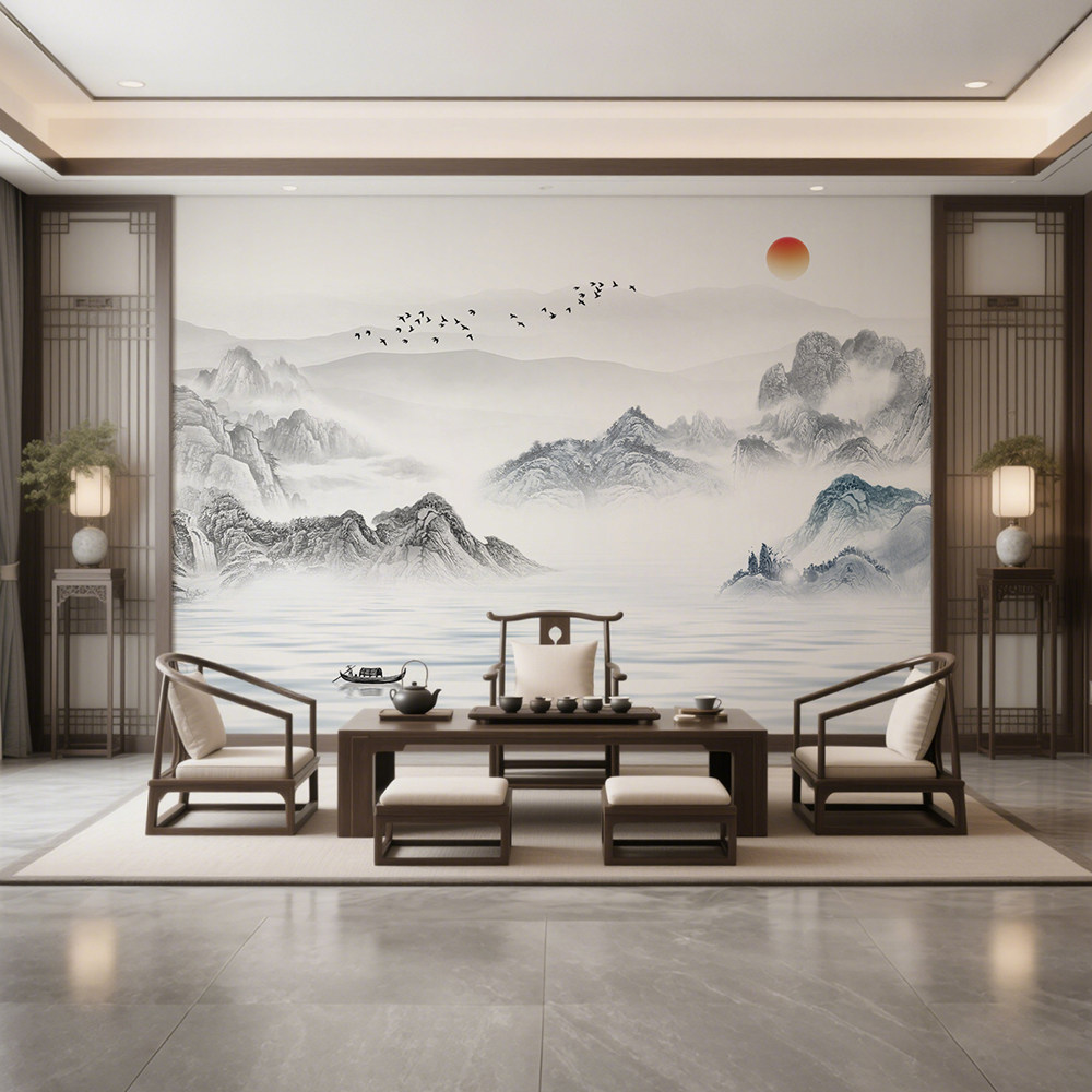 新中式山水餐厅定制壁画书房电视背景墙布客厅沙发宋风壁纸墙纸
