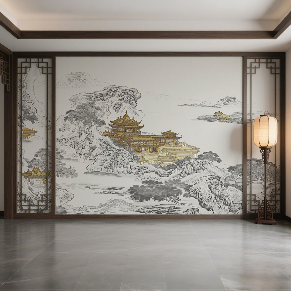 新中式楼阁壁纸山水壁布酒店背景墙纸硬包壁画饭店客餐厅装饰墙布
