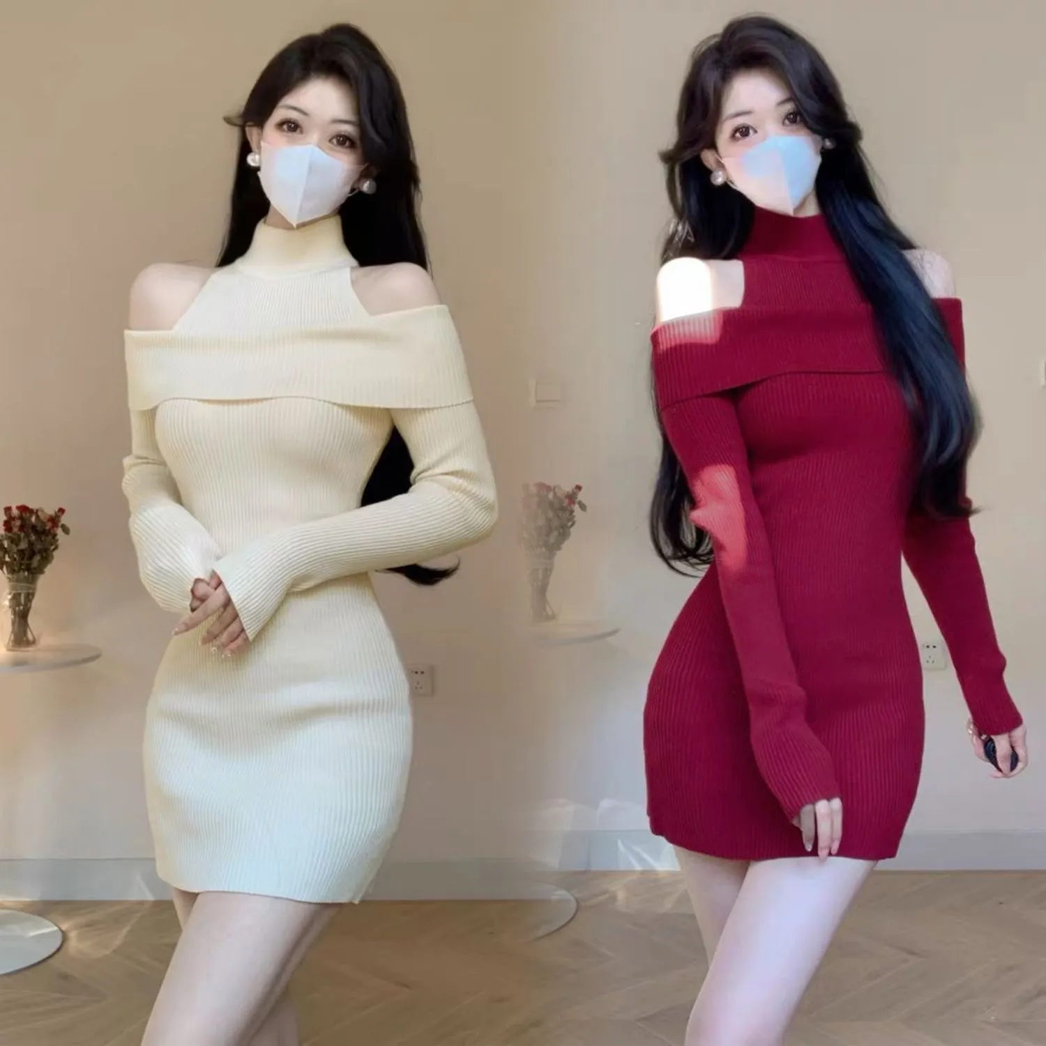 秋冬修身针织连衣裙女显瘦半高领露肩打底毛衣裙内搭紧身包臀短裙