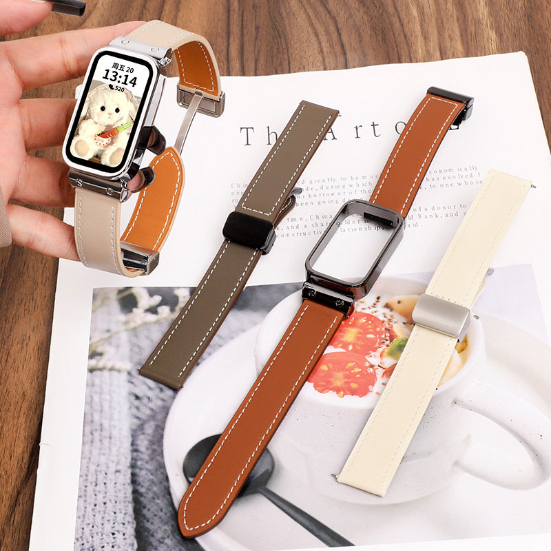 适用红米手环3表带真皮折叠扣小米手环9 Active替换带智能运动一体款秋冬男女款原装正品高级配件可水洗