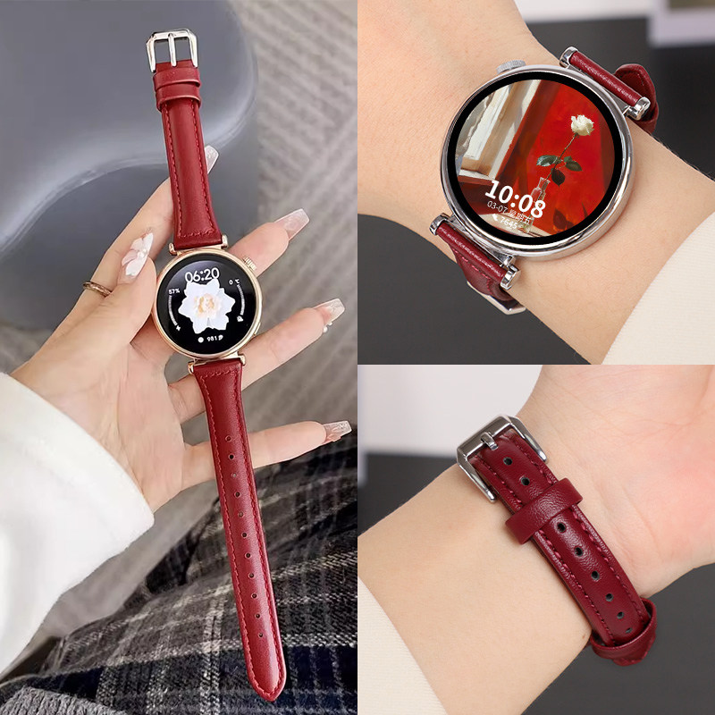 新年酒红适用华为gt6/gt5表带真皮手表带gt4女士款智能手表gt5pro系列gt真皮红色gt4新款watchgt5高级腕带