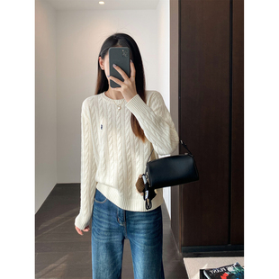 外贸大牌女装老钱风绞花针织衫100羊毛POLO领小马刺绣毛衣上衣女