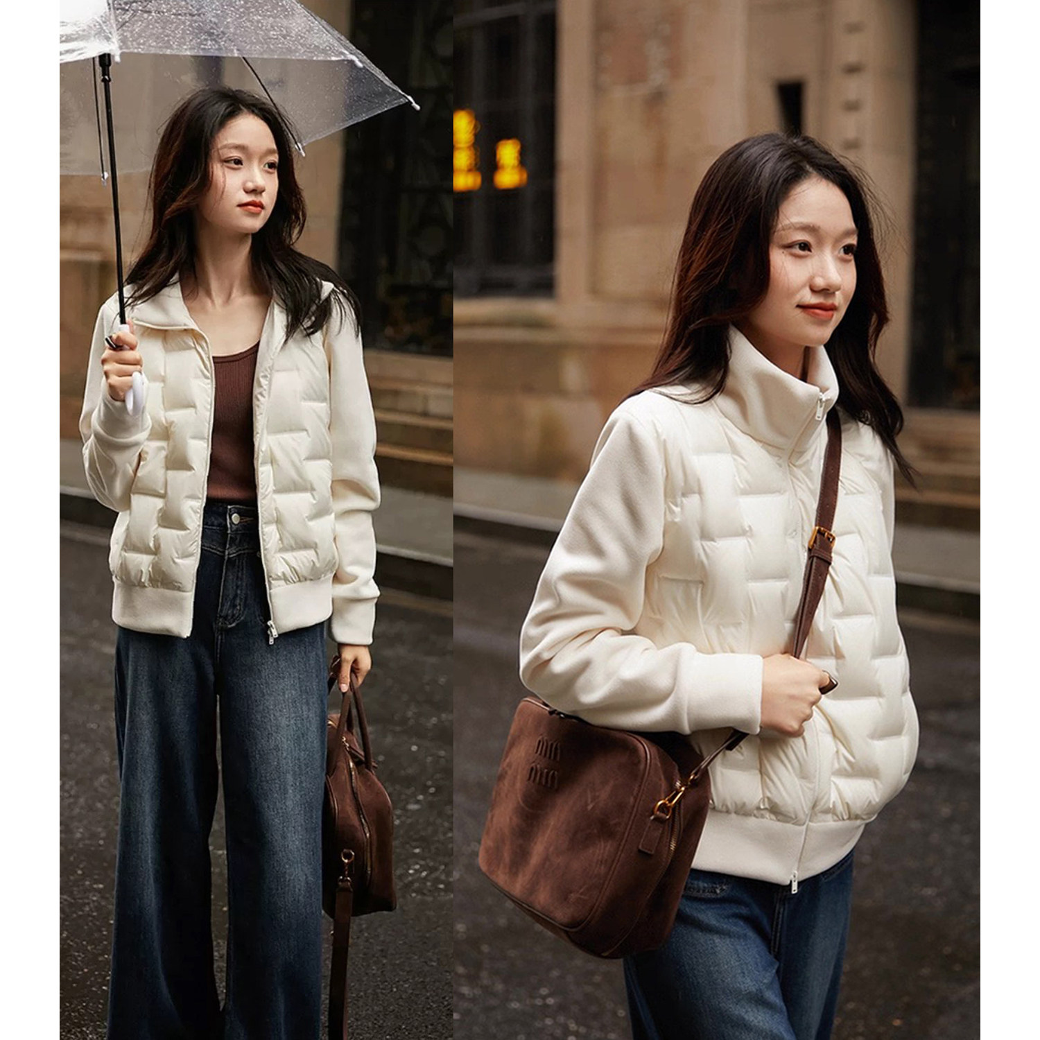90白鸭绒轻薄立领拼接羽绒服女冬