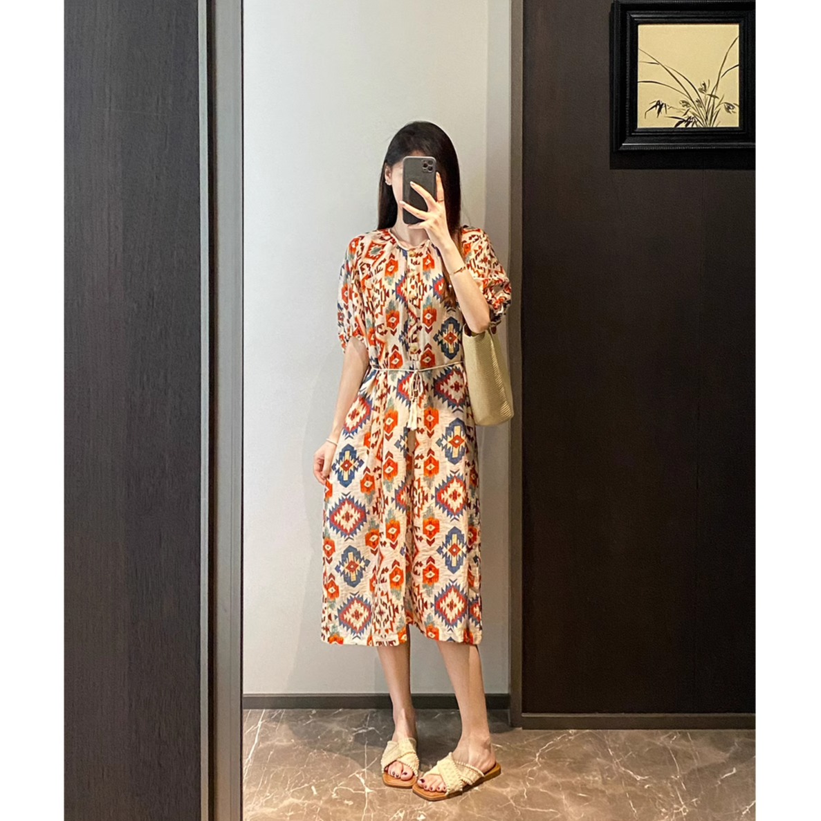 度假风印花天丝真丝女装亚麻A字半身裙海边高端大牌DRESS连衣裙女