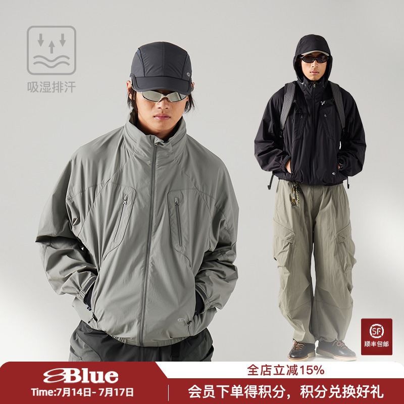 NothommeBLUE蓝岐几何结构隐藏帽夹克吸湿排汗透气运动休闲外套男
