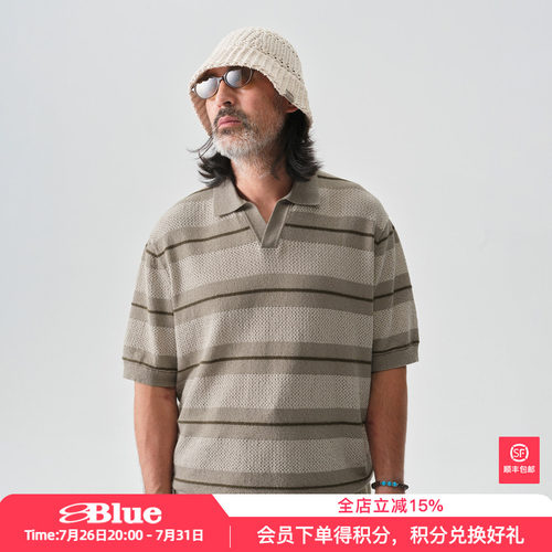 蓝岐BLUE MONTE复古条纹透气针织衫短袖夏季户外度假翻领POLO衫男