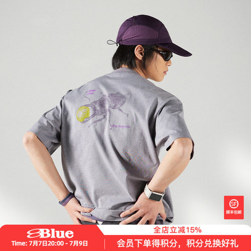 蓝岐BLUEMONTE棉质花纱锹甲圆领T恤柔软透气复古印花五分短袖男