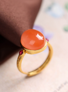 S925纯银镀金南红玛瑙戒指