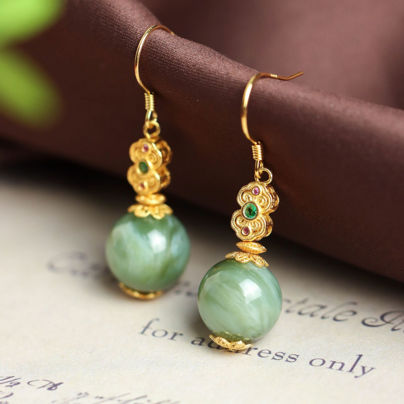 S925纯银镀金镶嵌天然和田玉碧玉猫眼圆珠耳坠气质女耳钉耳饰