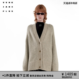 JANE VVNK PLUS冬季 新款 女 宽松V领针织开衫 羊驼毛点子纱