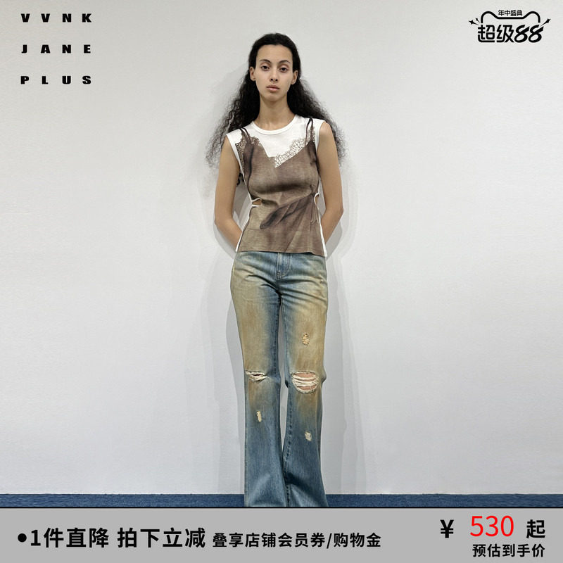 VVNK JANE PLUS夏季复古镂空圆领无袖T恤女J520577308E - 实物图