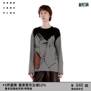 JANE VVNK PLUE秋季 新款 T恤 印花条纹长袖 艺术家合作系列