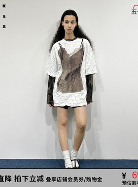 VVNK JANE PLUS夏季复古印花廓形短袖T恤女J520555302D