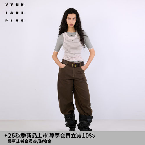 VVNK JANE PLUS26秋新款灰粉撞色两件条纹短袖背心女J630121625A