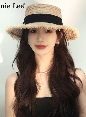 Winnie Lee日本设计师联名款蝴蝶结飘带草帽夏季平顶编织防晒帽子