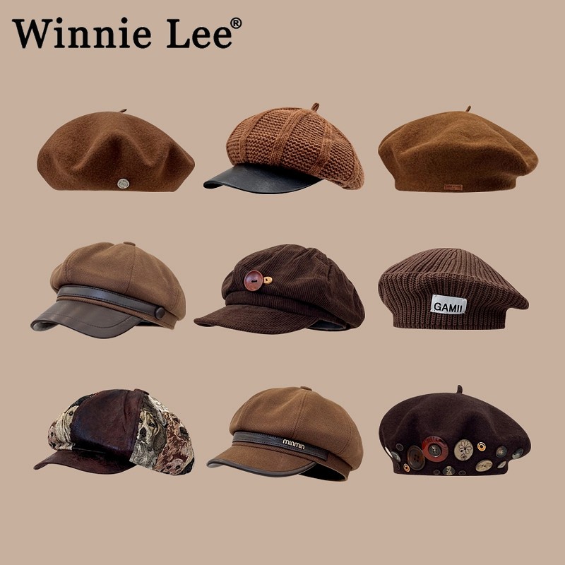 Winnie Lee日本设计师联名款复古棕色八角帽子女秋冬季毛呢贝雷帽,服饰配件/皮带/帽子/围巾,手帕,淘宝优惠券,粉丝福利购,淘宝优惠卷