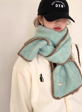 Monstar Lee日本设计师联名款针织围巾女冬加厚保暖纯色围脖绿色