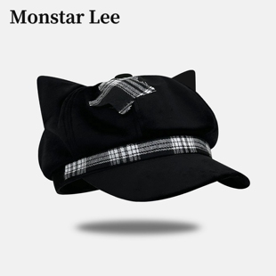 Monstar Lee日本设计师联名款黑色朋克宅文化贝雷帽子女夏八角帽