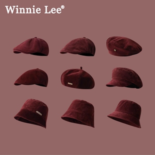 Winnie Lee日本设计师联名款秋冬红色贝雷帽子翻毛皮显脸小渔夫帽