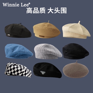 Winnie Lee日本设计师联名款黑色贝雷帽女冬季大头围八角画家帽子