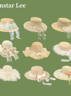 Monstar Lee日本设计师联名款蕾丝蝴蝶结草帽女夏季遮阳防晒帽子