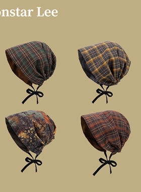 Monstar Lee日本设计师联名款废土风复古格纹堆堆帽子女包头冷帽