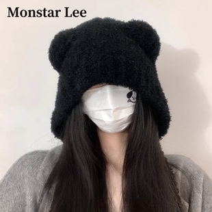 Monstar Lee日本设计师联名款小熊毛线帽子女冬季保暖护耳针织帽