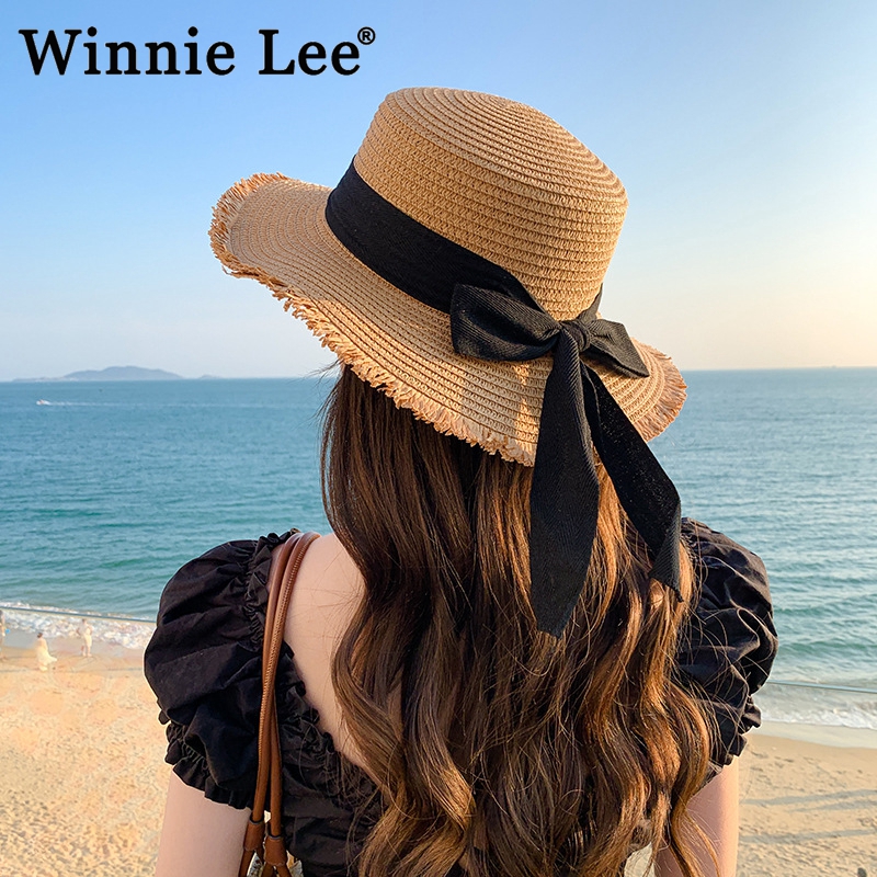 Winnie Lee日本设计师联名款毛边草帽飘带蝴蝶结防晒帽子遮阳礼帽