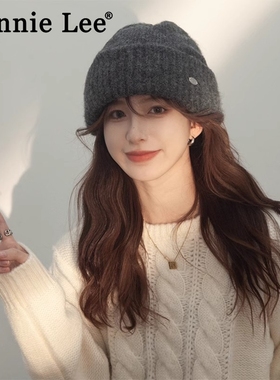 Winnie Lee日本设计师联名款黑色针织帽秋冬季大头围毛线帽子冷帽