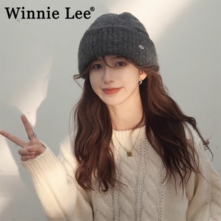 Winnie Lee日本设计师联名款黑色针织帽秋冬季大头围毛线帽子冷帽