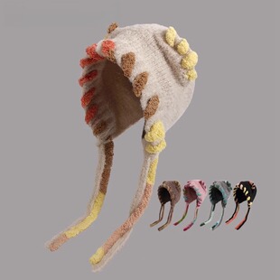 Winnie Lee日本设计师联名款毛绒帽子女秋冬针织帽秋冬护耳毛线帽