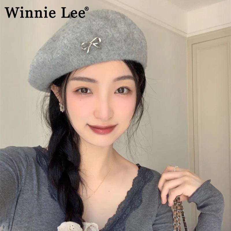 Winnie Lee日本设计师联名款蝴蝶结羊毛贝雷帽子女气质复古画家帽