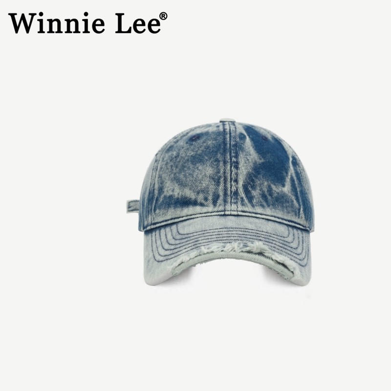 Winnie Lee日本设计师联名款水洗牛仔棒球帽子街头做旧破洞鸭舌帽