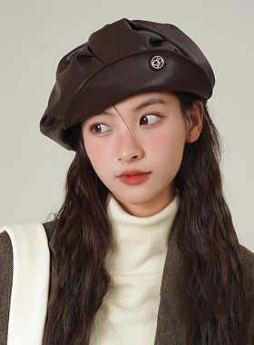 Monstar Lee日本设计师联名款时尚皮质贝雷帽子女褶皱云朵画家帽