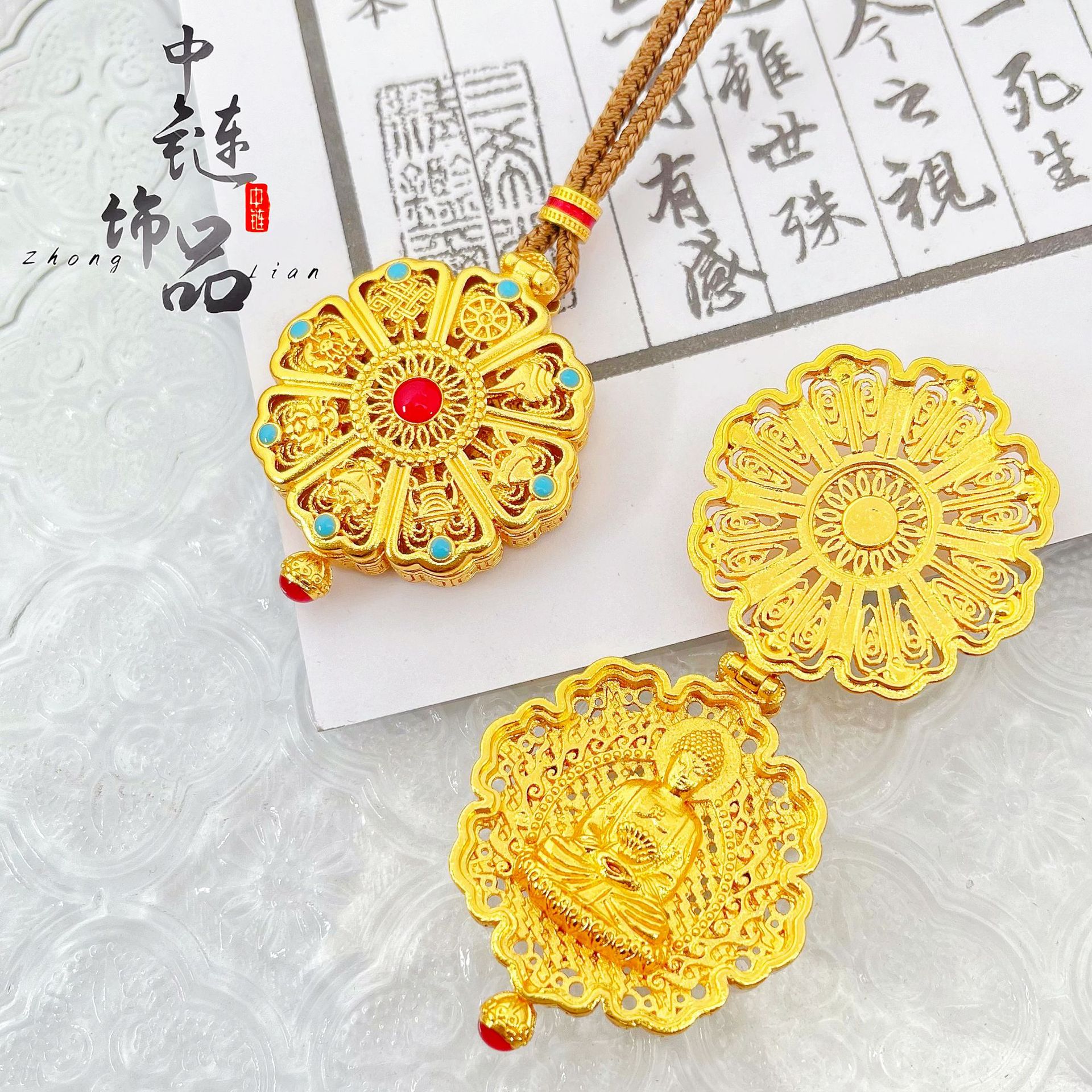 金店同款古法沙金珐琅彩镂空八宝罗盘嘎乌盒吊坠 可打开金佛挂坠