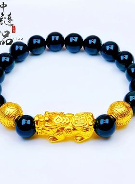 越南沙金精品貔貅手串男黑曜石六字真言手链铜镀金转运珠招财手链