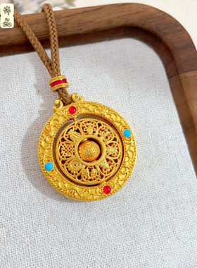 金店同款古法沙金时来运转可转动罗盘吊坠高保色古韵国风珐琅吊坠