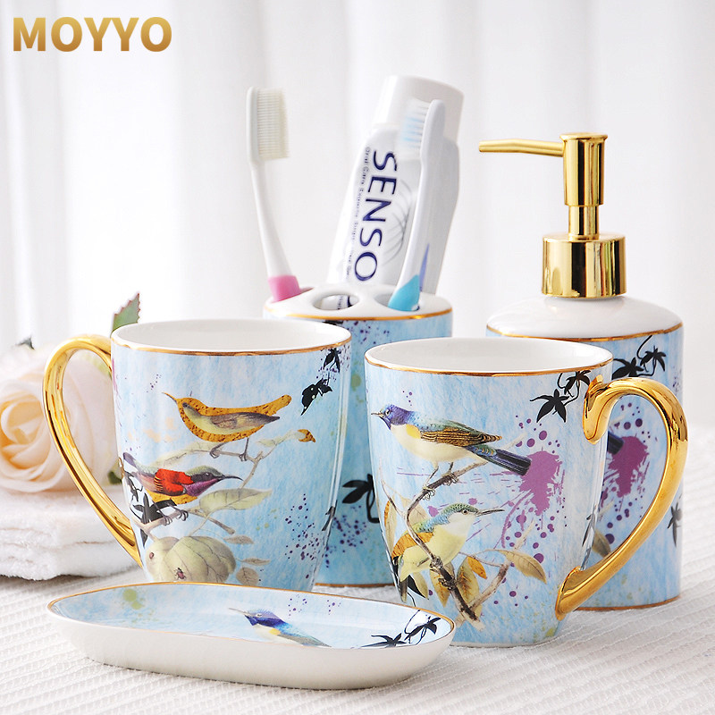 moyyo 欧式陶瓷卫浴牙刷架套装骨瓷牙刷杯牙膏架浴室用品组合套具
