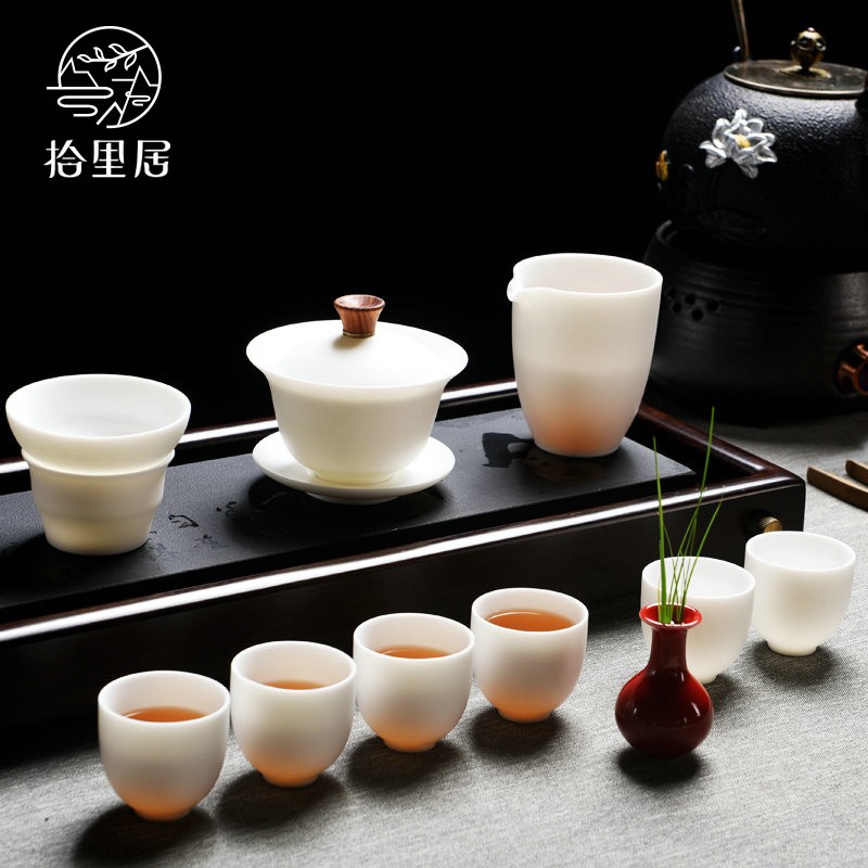 德化白瓷功夫茶具套装家用轻奢高档素烧羊脂玉泡茶盖碗茶杯礼盒装