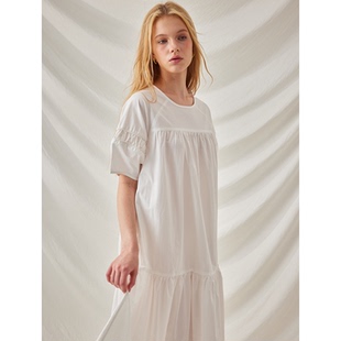 「纯真年代」复古法式拼接泡泡袖A摆棉白色连衣裙女