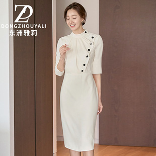 白色高端大气立领职业白领气质女士连衣裙优雅中裙厂 2020夏装 时尚