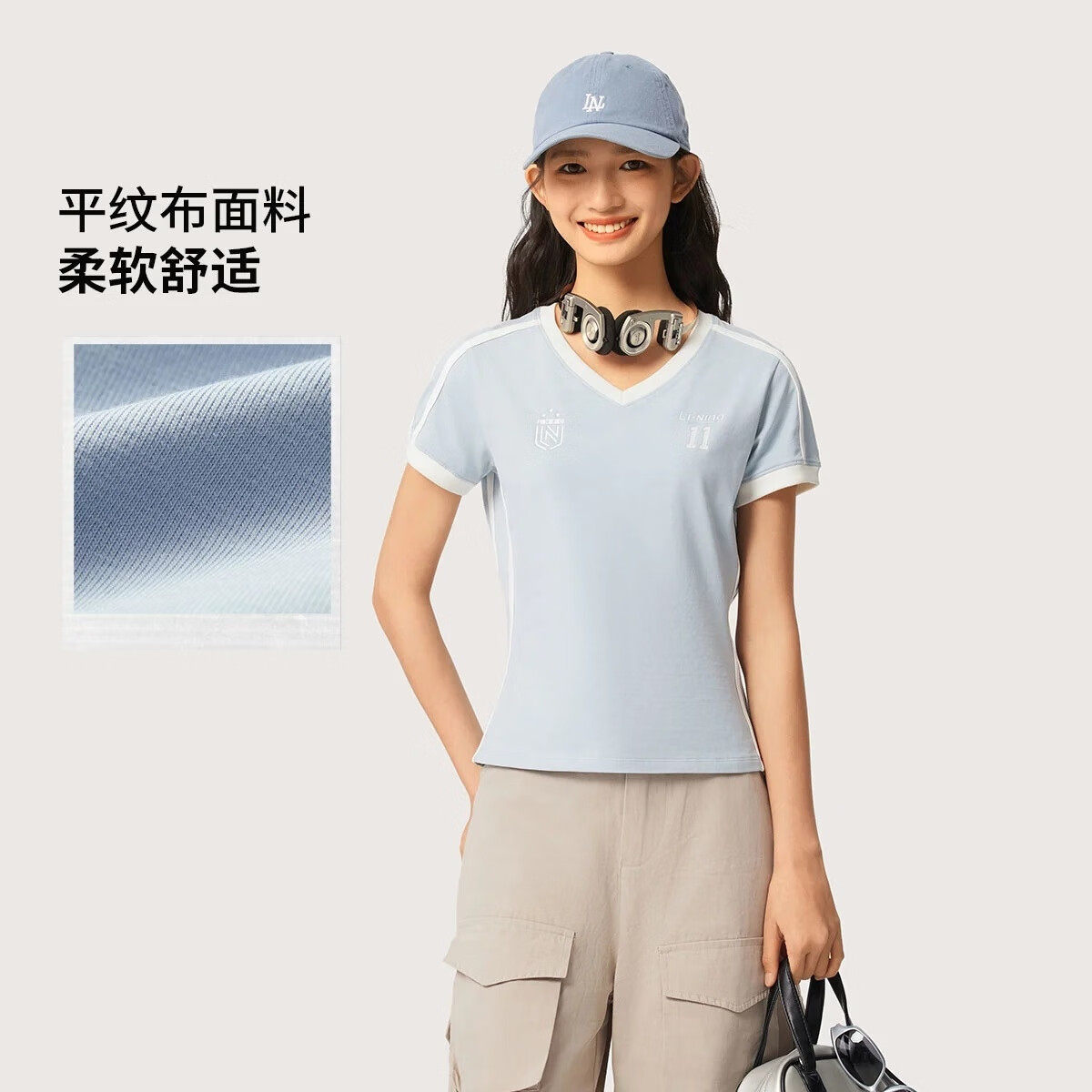 李宁短袖上衣女2025夏季新款V领上衣白色半袖印花运动T恤AHSV986