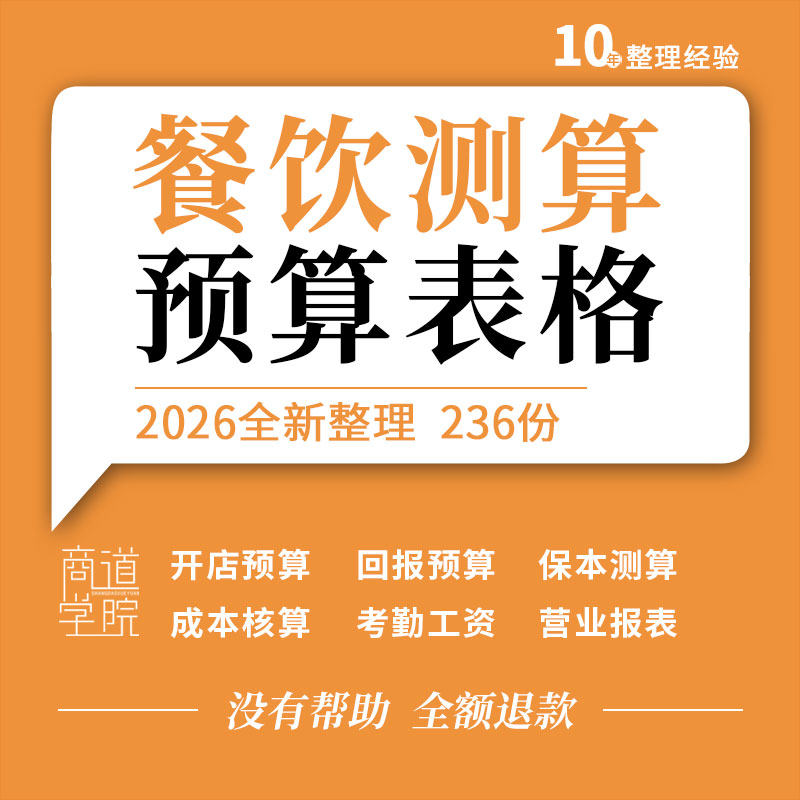餐饮行业开店资金保本利润测算成本核算投资回报预算收支记账表格